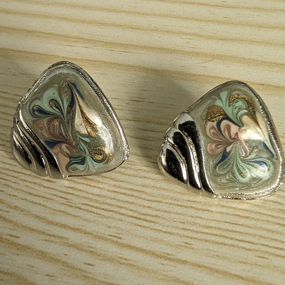 Elegant Silver and Gold-Toned Enameled Earrings